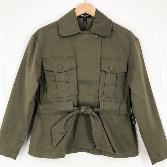 Express Utility Jacket Oversized Pockets Belt Cotton Twill Stretch Size XS Olive - Picture 16 of 16